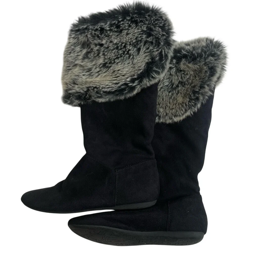 Report Womens Black Faux Suede Mid-Calf Boots Grey‎ Faux Fur Trim Flat Sole